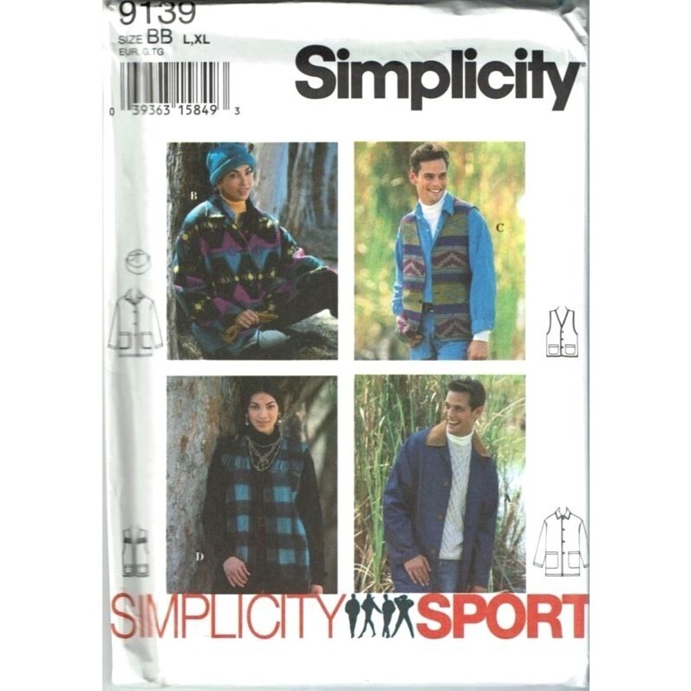 Simplicity Sewing Pattern 9139 Jacket Vest Hat Adult L-XL Uncut FF 90s Sport